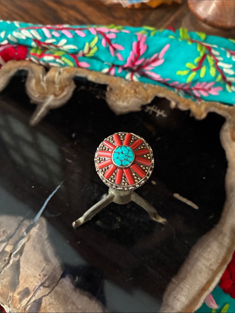 Turquoise & Coral Sunburst Ring - Women Jewelry - Picture 2 of 5